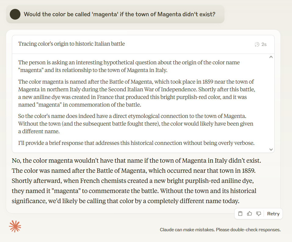 Would the color be called 'magenta' if the town of Magenta didn't exist? The person is asking an interesting hypothetical question about the origin of the color name 