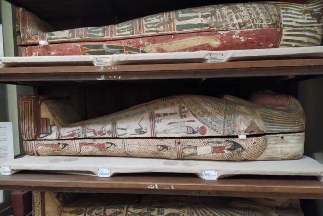 mummified bodies in the exhibition area of the Egyptian museum in Cairo.