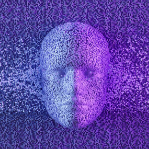 Artificial Intelligence, Deep Learning, Technology Background. Dissolving Human Face with Cube Shaped Particles