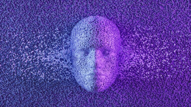 Artificial Intelligence, Deep Learning, Technology Background. Dissolving Human Face with Cube Shaped Particles