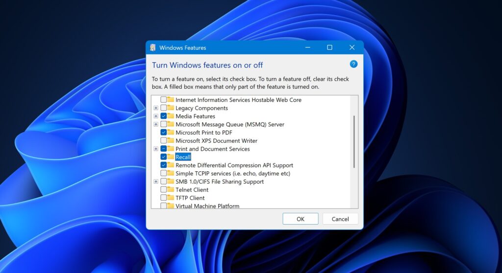 "Turn Windows features on or off" checkbox list in Windows 11 with "Recall" checkbox highlighted.