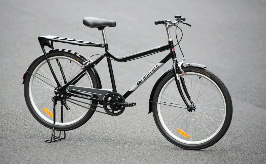 Buffalo S2 bike, seen from the drive side, against a gray background, double kickstand and rack visible.