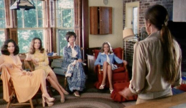 women seating in a 1970s style living room.