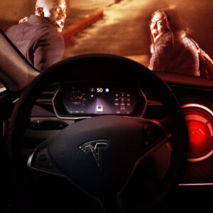a man and a woman run away from a driverless Tesla, seen from the tesla's driver's seat