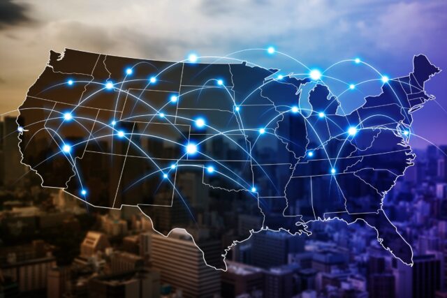 Illustration of a map of the United States with crisscrossing lines to represent network connectivity, and a cityscape in the background