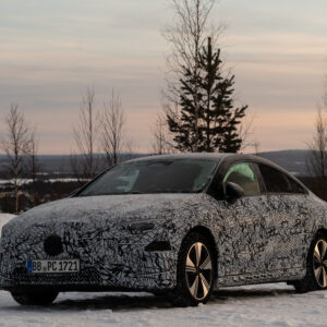 A camouflaged EV prototype in the snow