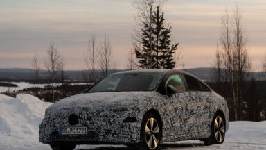 A camouflaged EV prototype in the snow