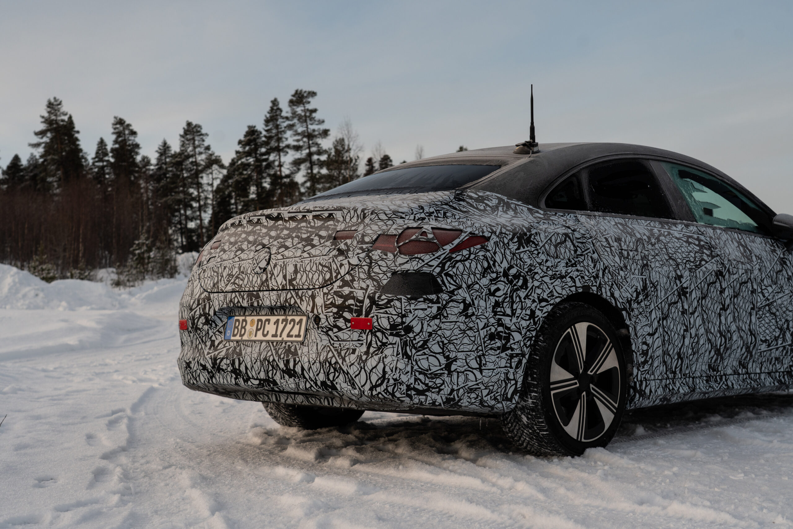 The back of a Mercedes-Benz prototype in the snow