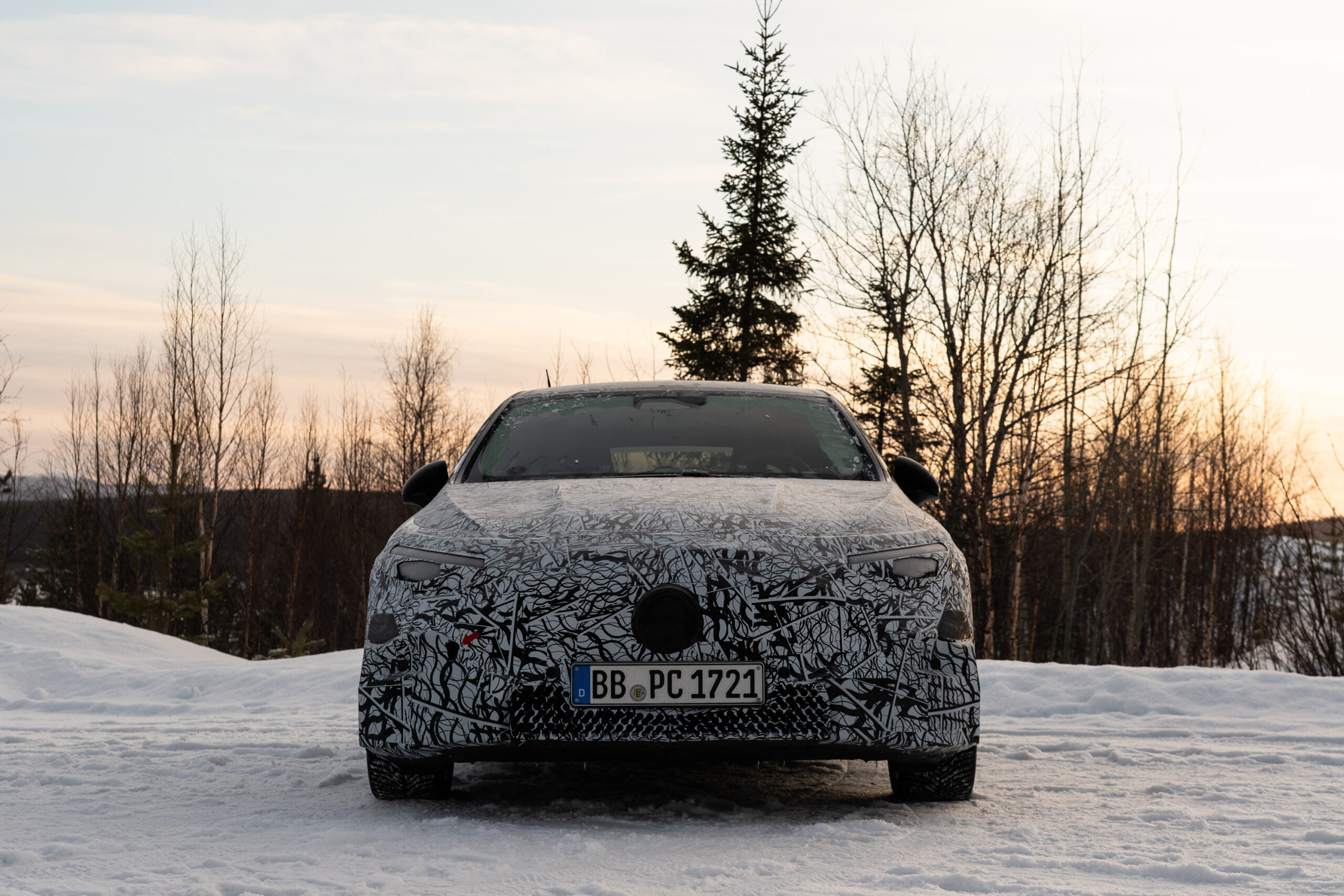 A mercedes-benz CLA prototype seen head-on