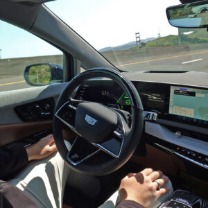 an interior photo of a Cadillac optiq while Super Cruise is active