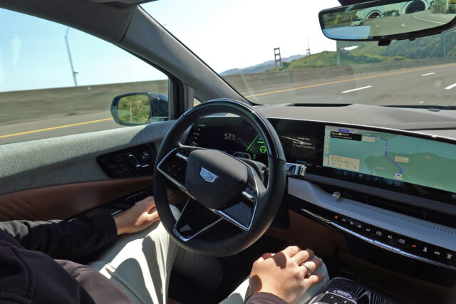 an interior photo of a Cadillac optiq while Super Cruise is active