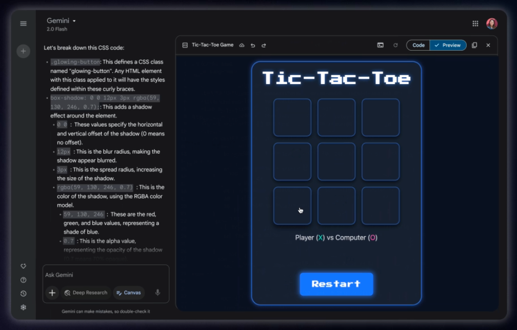 Gemini Canvas mit Tic-Tac-Toe-Spiel