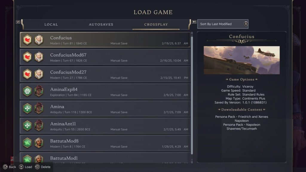 The cloud save menu in Civilization VII