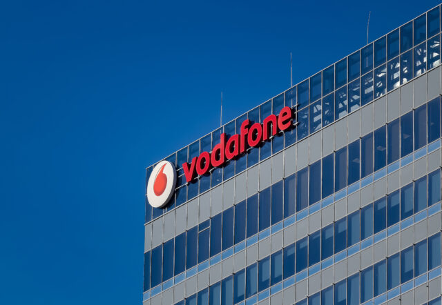 A logo of Vodafone, British telecommunications company, is seen on the top of Globalworth Tower building, in Bucharest.