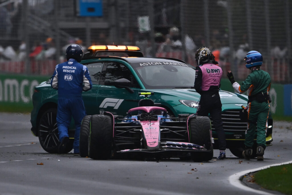 MELBOURNE, AUSTRALIA - MARCH 16: Jack Doohan of Australia driving the (7) Alpine F1 A525 Renault crashes during the F1 Grand Prix of Australia at Albert Park Grand Prix Circuit on March 16, 2025 in Melbourne, Australia.