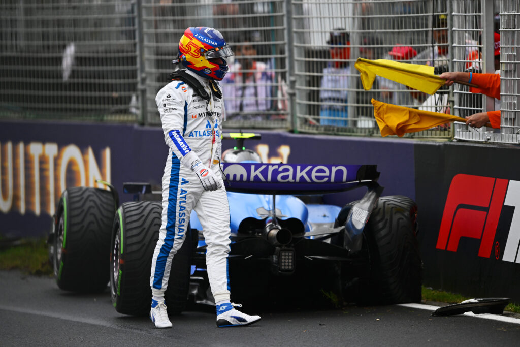 MELBOURNE, AUSTRALIA - MARCH 16: Carlos Sainz of Spain driving the (55) Williams FW47 Mercedes crashes during the F1 Grand Prix of Australia at Albert Park Grand Prix Circuit on March 16, 2025 in Melbourne, Australia.