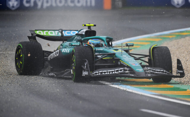 MELBOURNE, AUSTRALIA - MARCH 16: Fernando Alonso of Spain driving the (14) Aston Martin F1 Team AMR25 Mercedes crashes during the F1 Grand Prix of Australia at Albert Park Grand Prix Circuit on March 16, 2025 in Melbourne, Australia.