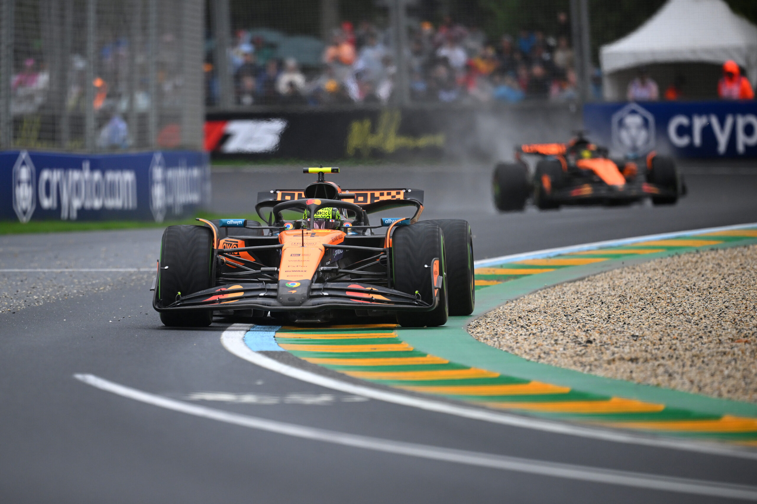 MELBOURNE, AUSTRALIA - MARCH 16: Lando Norris of Great Britain driving the (4) McLaren MCL39 Mercedes leads Oscar Piastri of Australia driving the (81) McLaren MCL39 Mercedes on track during the F1 Grand Prix of Australia at Albert Park Grand Prix Circuit on March 16, 2025 in Melbourne, Australia.