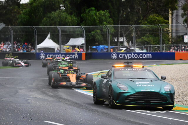 MELBOURNE, AUSTRALIA - MARCH 16: The FIA Safety Car leads Lando Norris of Great Britain driving the (4) McLaren MCL39 Mercedes and Gabriel Bortoleto of Brazil driving the (5) Kick Sauber C45 Ferrari on track during the F1 Grand Prix of Australia at Albert Park Grand Prix Circuit on March 16, 2025 in Melbourne, Australia.