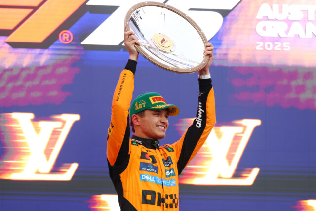 MELBOURNE, AUSTRALIA - MARCH 16: Race winner Lando Norris of Great Britain and McLaren on the podium during the F1 Grand Prix of Australia at Albert Park Grand Prix Circuit on March 16, 2025 in Melbourne, Australia.