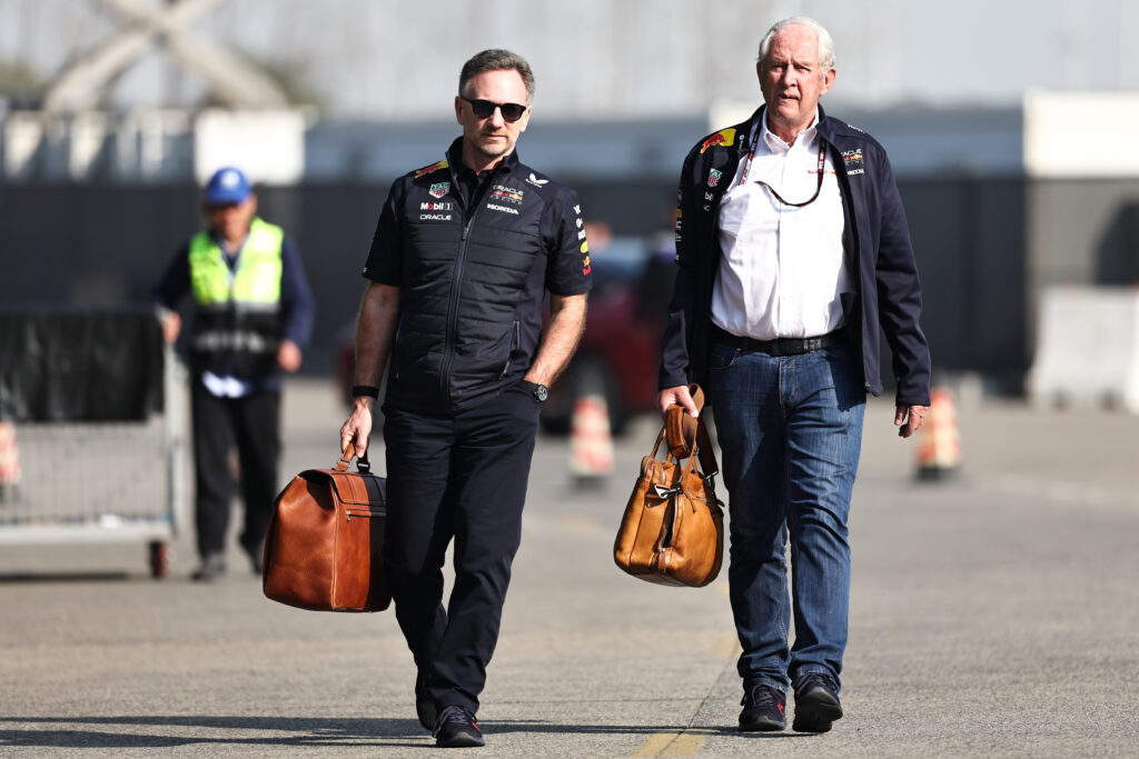 Christian Horner, Team Principal of Oracle Red Bull Racing, and Dr. Helmut Marko are present during the Formula 1 Heineken Chinese Grand Prix 2025 at the Shanghai International Circuit in Shanghai, China, on March 22, 2025