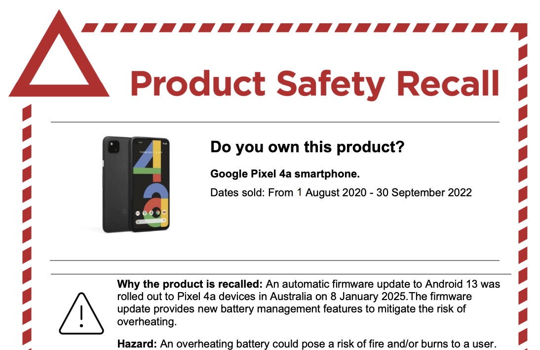 Product Safety Recall notice, with red border and triangle symbol, asking consumers "Do you own this product?" with an image of a Google Pixel 4a.