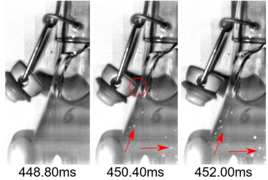 Three frames of a high-speed recording after popping a homebrewed bottle of beer.