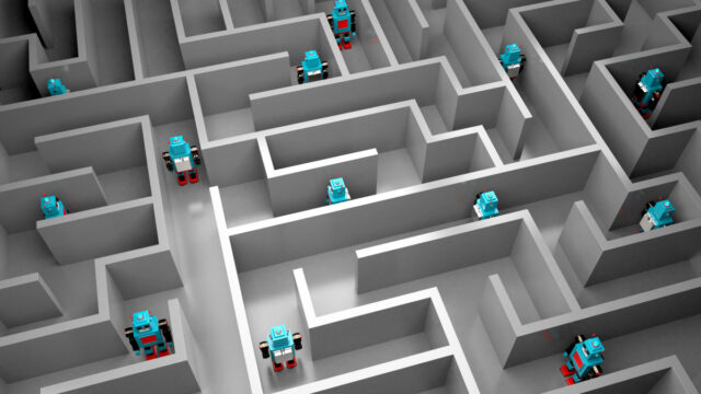 An illustration of toy robots trapped in a maze, viewed from overhead.