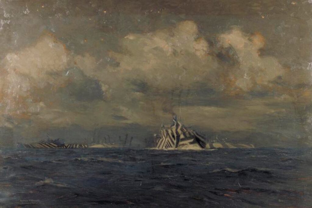 A painting by Norman Wilkinson of a moonlit convoy wearing his dazzle camouflage, 1918