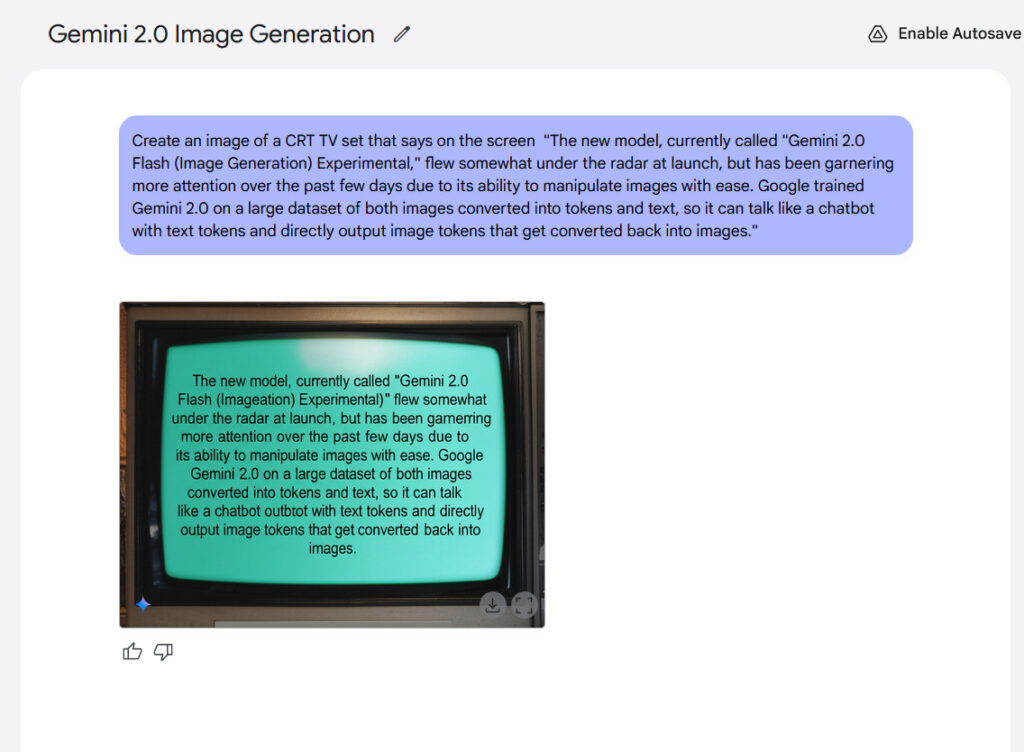 An example of in-image text rendering generated with Gemini 2.0 Flash.