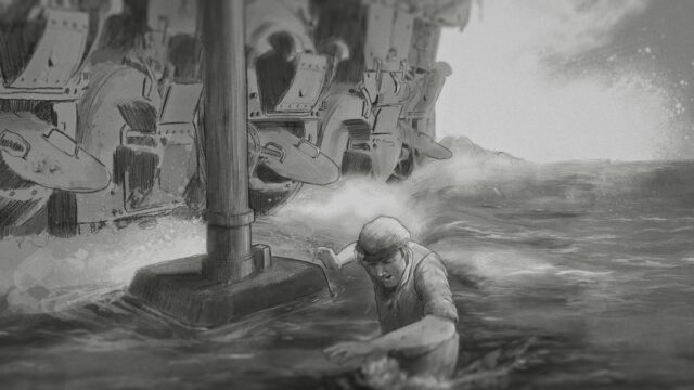 An illustration of the boiler room flooding on the Titanic.