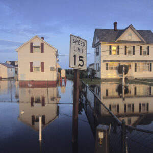 Image of a neighborhood of single-family houses, with water infall the yards. A street sign with a speed limit on it is in the foreground, with its pole partly submerged.