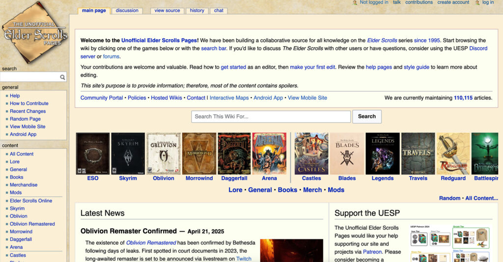 The homepage for UESP, with a classic wiki design