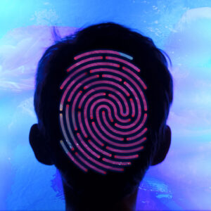 A boys head with a fingerprint revealing something unclear but perhaps evocative