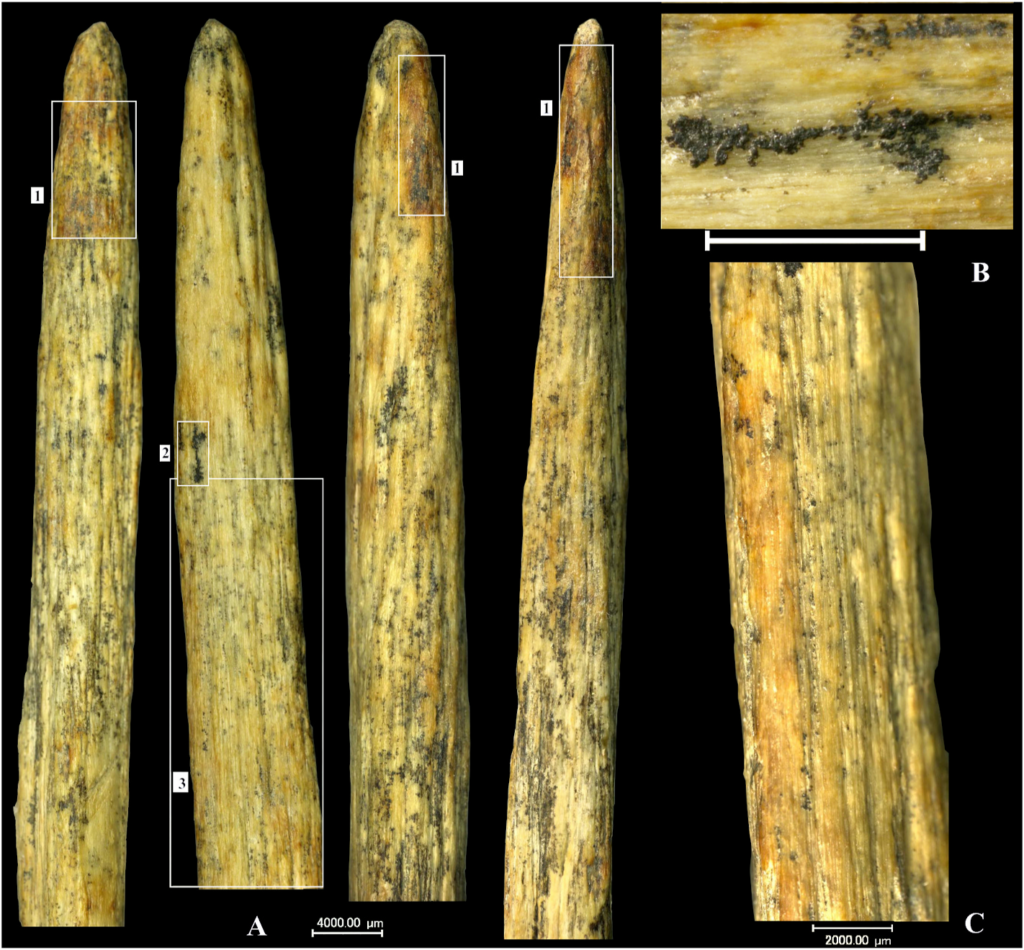 Photo of a spear point from multiple angles with traces of dark residue on it.