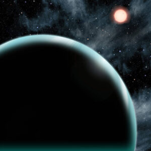 Artist's conception of a large bluish planet orbiting a distant star.