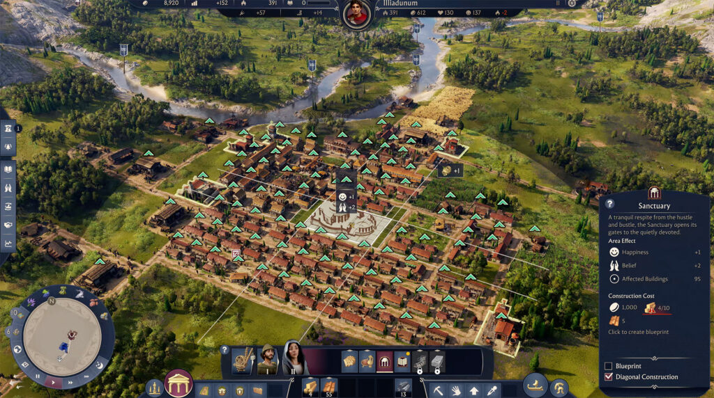 Data overlays on nearby buildings as the player places a new one