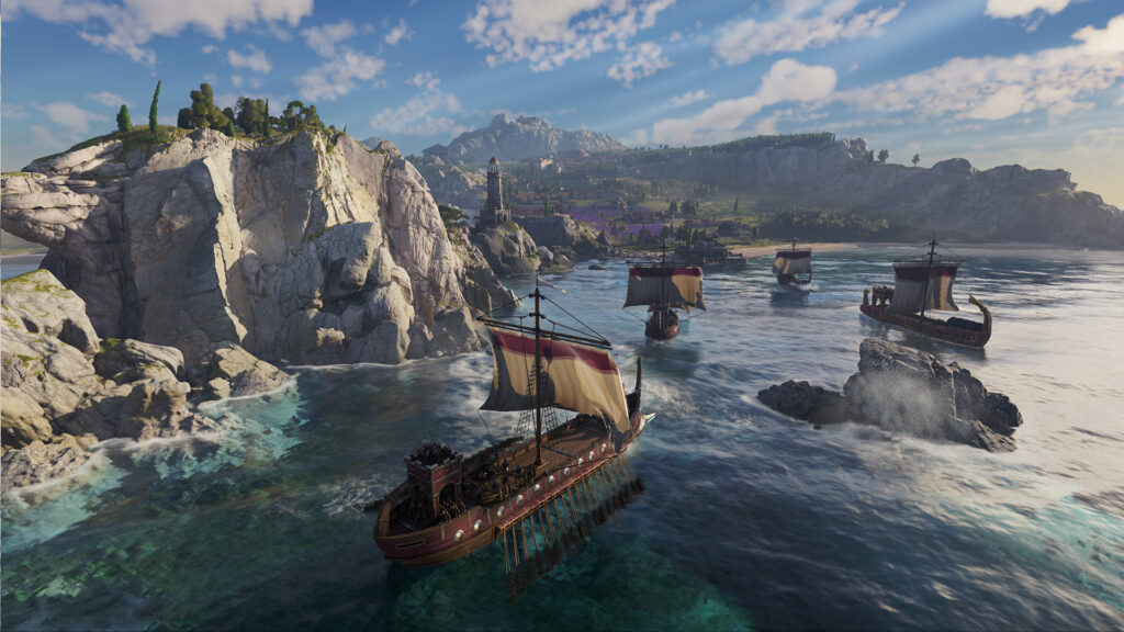 Ships approach a coastal town