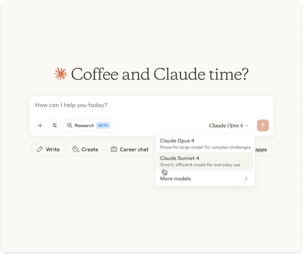 A screenshot of the Claude web interface with Opus 4 and Sonnet 4 options shown.