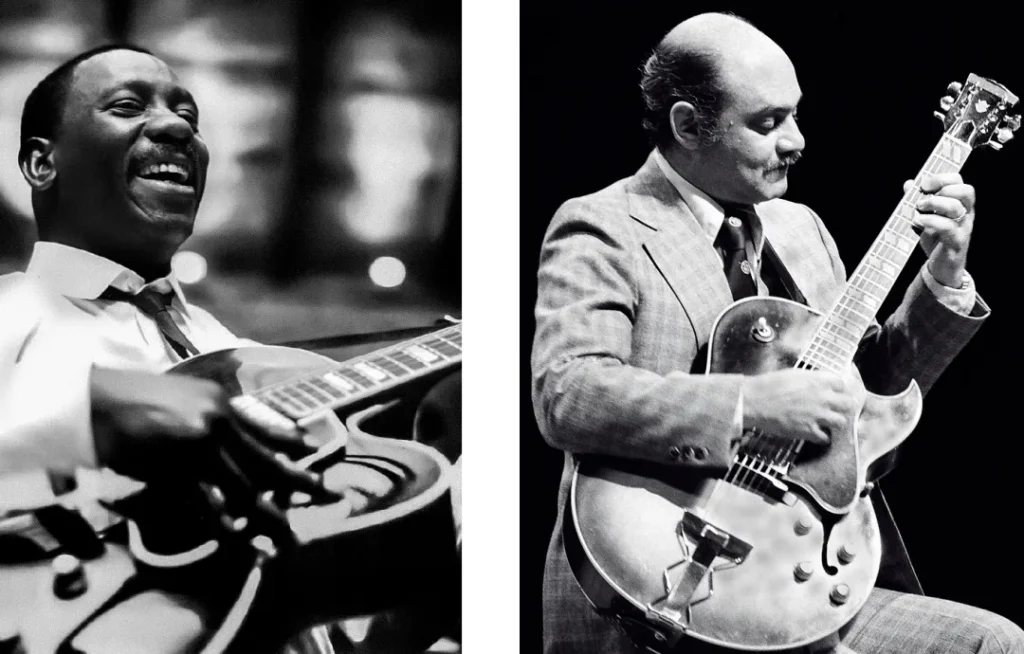 Wes Montgomery (left)) and Joe Pass (right) playing guitars