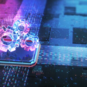 Digital art showing a processor chip with three etherial looking gears above it, on a background with streams of dots that are meant to evoke the flow of data.