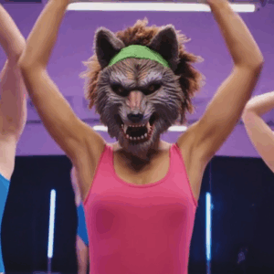 Still image from an AI-generated Veo 3 video of "A 1980s fitness video with models in leotards wearing werewolf masks."