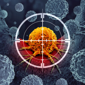 Targeting Cancer and malignant tumor detection or screening as a treatment for disease cells with a biopsy or testing caused by carcinogens and genetics with a cancerous cell as an immunotherapy symbol.