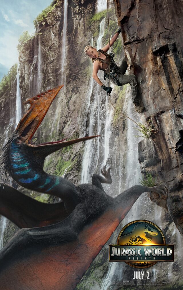 poster art showing a woman scaling a cliff via rope while a hungry flying dinosaur opens its huge jaws just below her