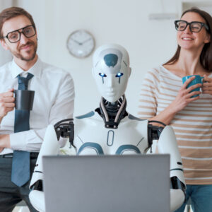 Business people supervising a robot work