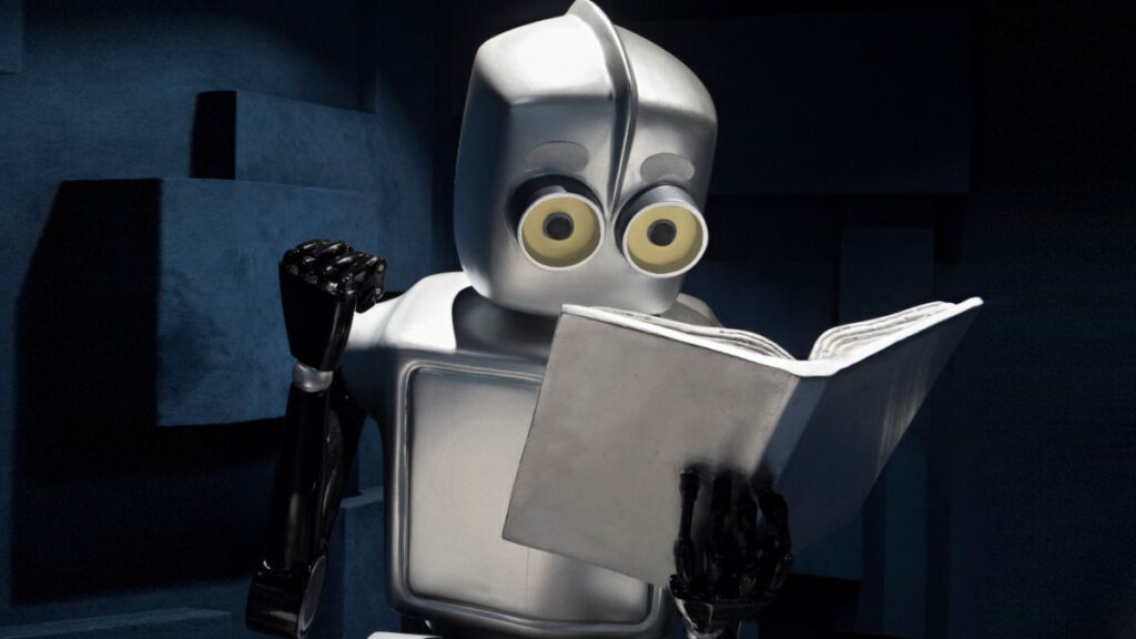 Kitap okuyan çalışkan bir robot çizimi