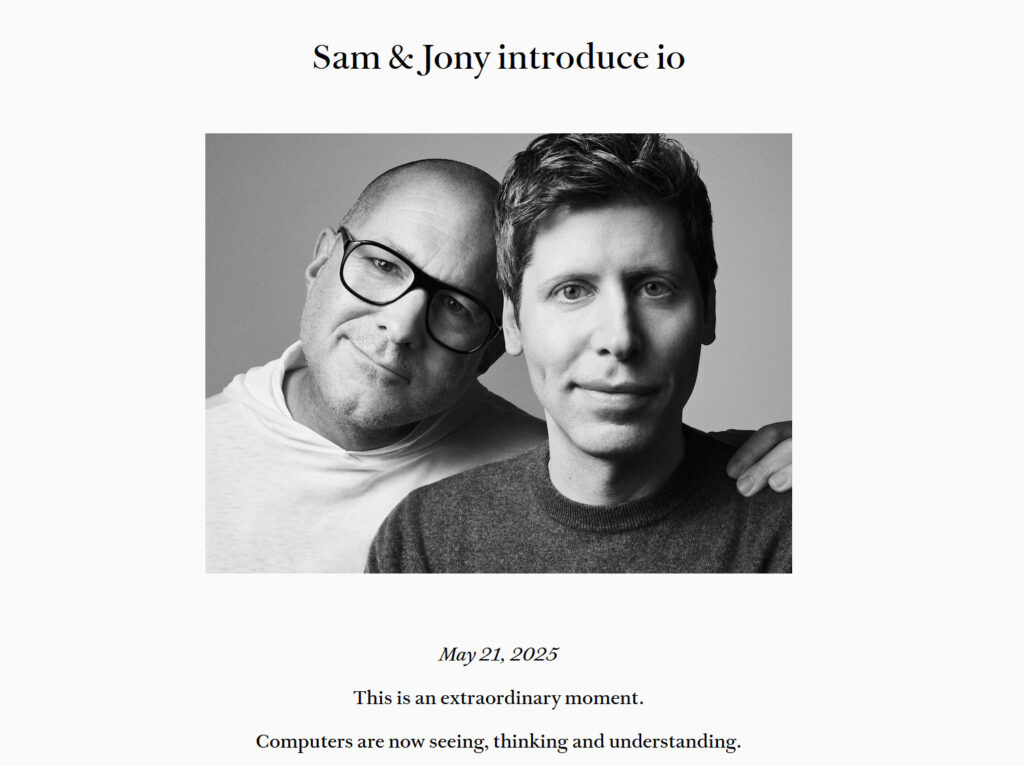 A screenshot of the Jony Ive / Sam Altman collaboration website captured on May 21, 2025.