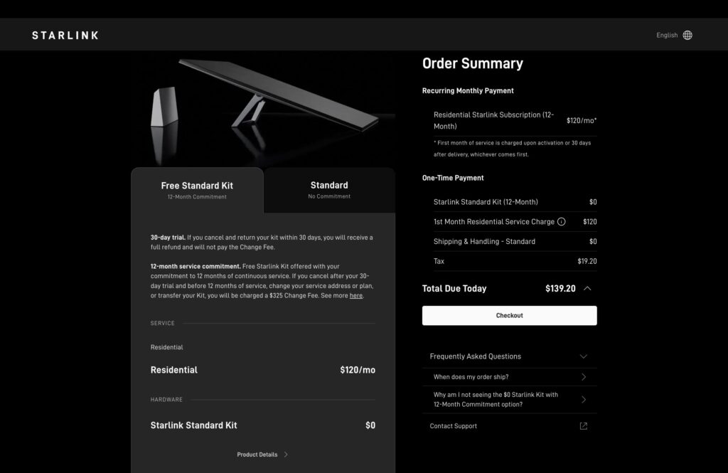 A screenshot of a Starlink ordering page that lists a price of zero for the Starlink Standard Kit and a $120 monthly price for service.