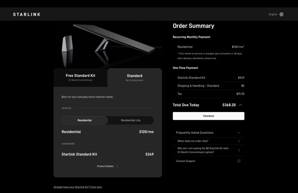 A screenshot of a Starlink ordering page that lists an up-front price of $349 for the Starlink Standard Kit and a $120 monthly price for service.