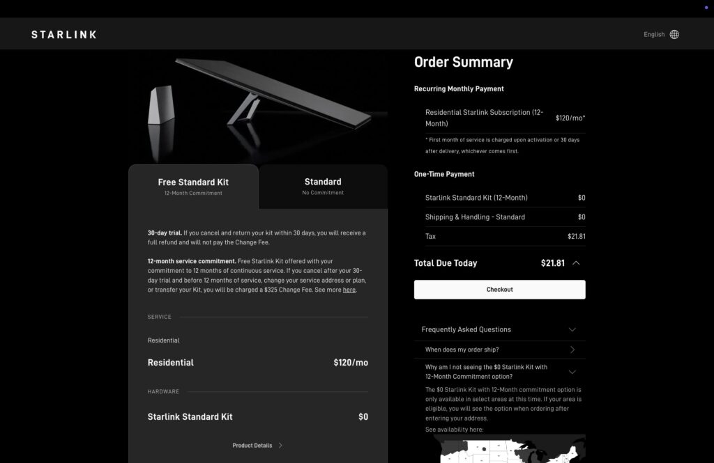 A screenshot of a Starlink ordering page that lists an up-front price of $349 for the Starlink Standard Kit and a $90 monthly price for service.